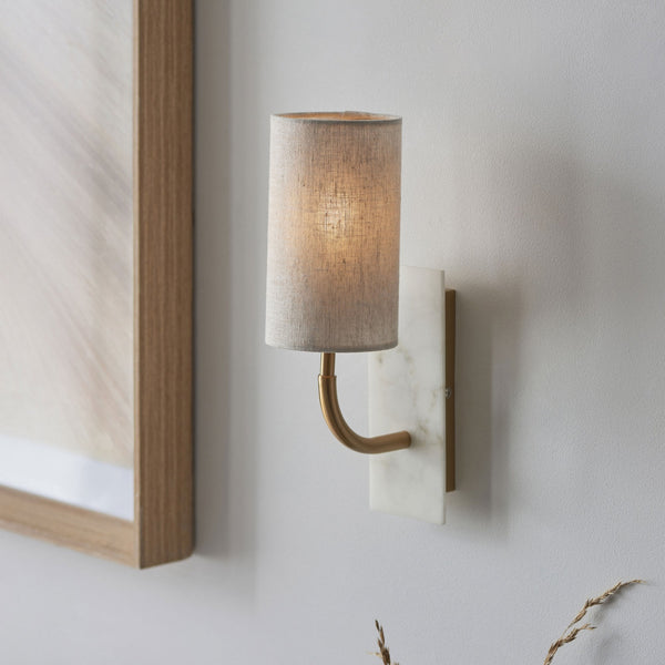 Meden Curve Wall Light in Vintage Brass & White Marble with Cylindrical Fabric Shade