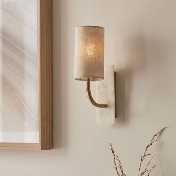 Meden Curve Wall Light in Vintage Brass & White Marble with Cylindrical Fabric Shade