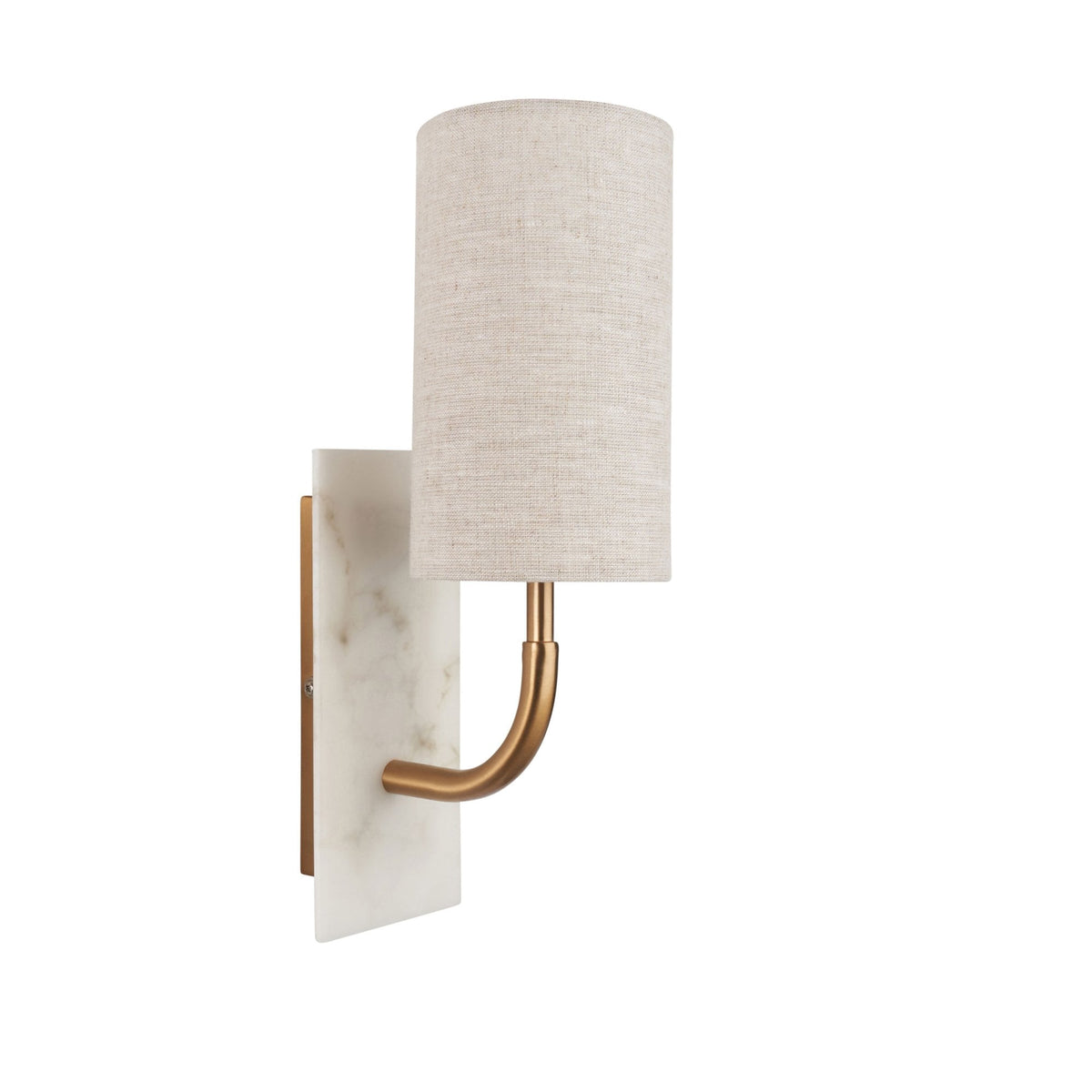 Meden Curve Wall Light in Vintage Brass & White Marble with Cylindrical Fabric Shade