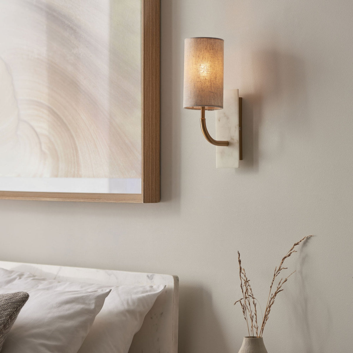Meden Curve Wall Light in Vintage Brass & White Marble with Cylindrical Fabric Shade