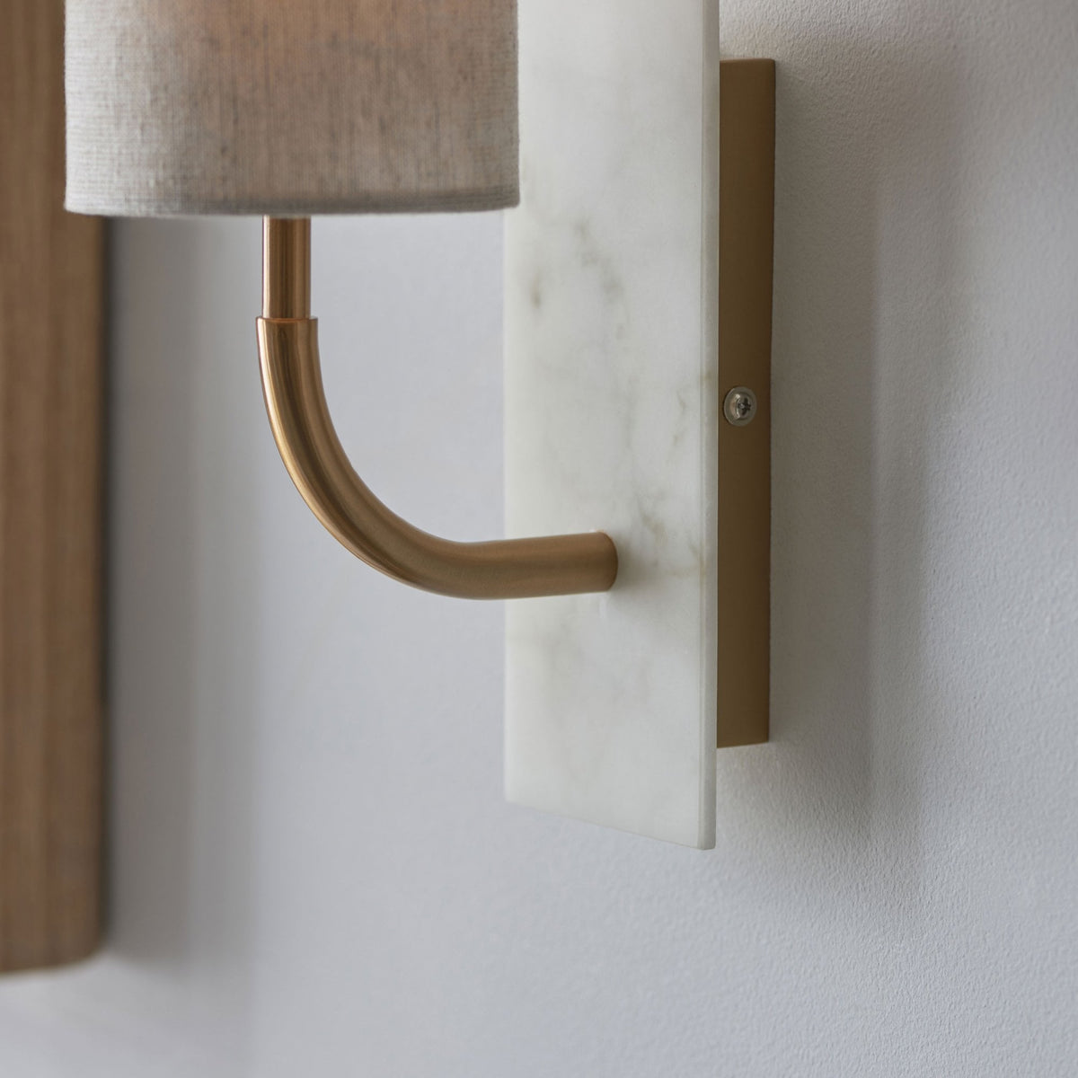Meden Curve Wall Light in Vintage Brass & White Marble with Cylindrical Fabric Shade