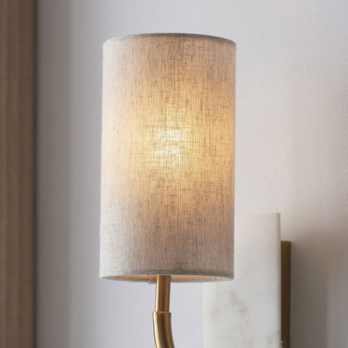 Meden Curve Wall Light in Vintage Brass & White Marble with Cylindrical Fabric Shade