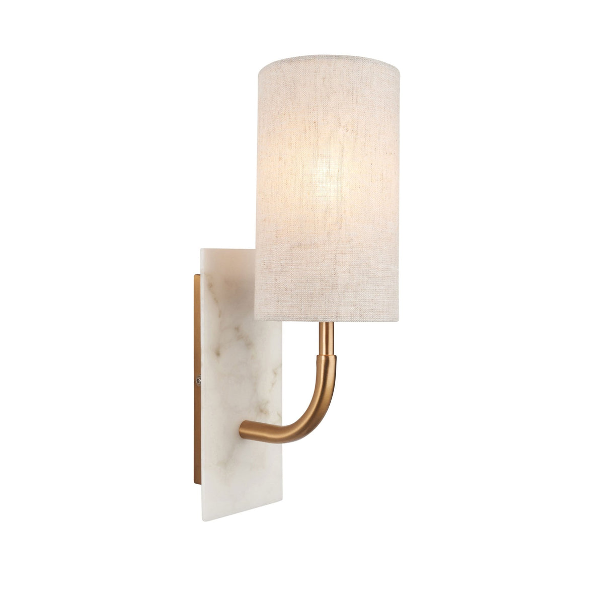 Meden Curve Wall Light in Vintage Brass & White Marble with Cylindrical Fabric Shade