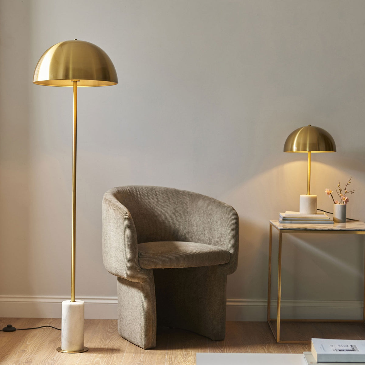 Hockerton Floor Lamp in Brushed Aged Brass & Solid White Marble Base
