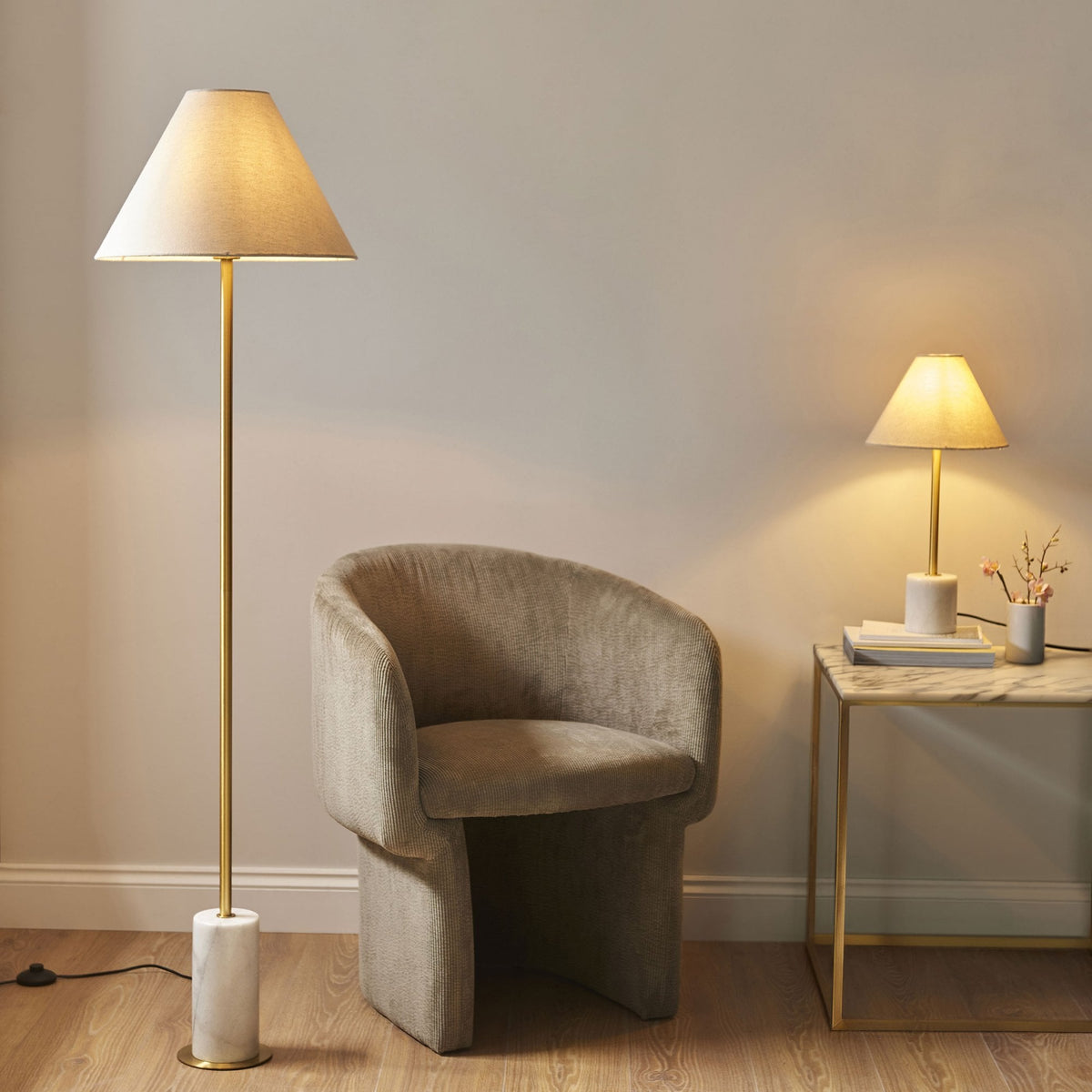 Maplebeck Floor Lamp in Brushed Aged Brass & Solid White Marble Base