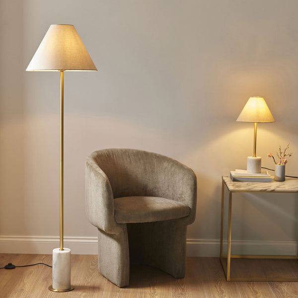 Maplebeck Floor Lamp in Brushed Aged Brass & Solid White Marble Base
