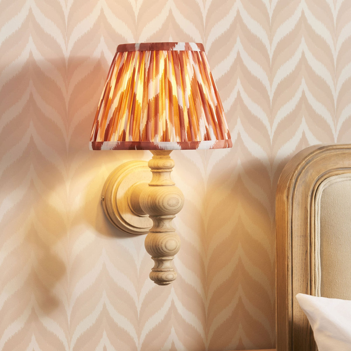 Bibury Wall Light in Natural Ash with Zigzag 20cm Apricot Orange Shade