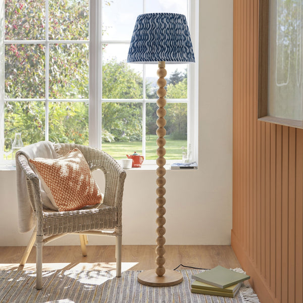 Cane Natural Bamboo Floor Lamp with Ripple 40cm Marlin Blue Shade