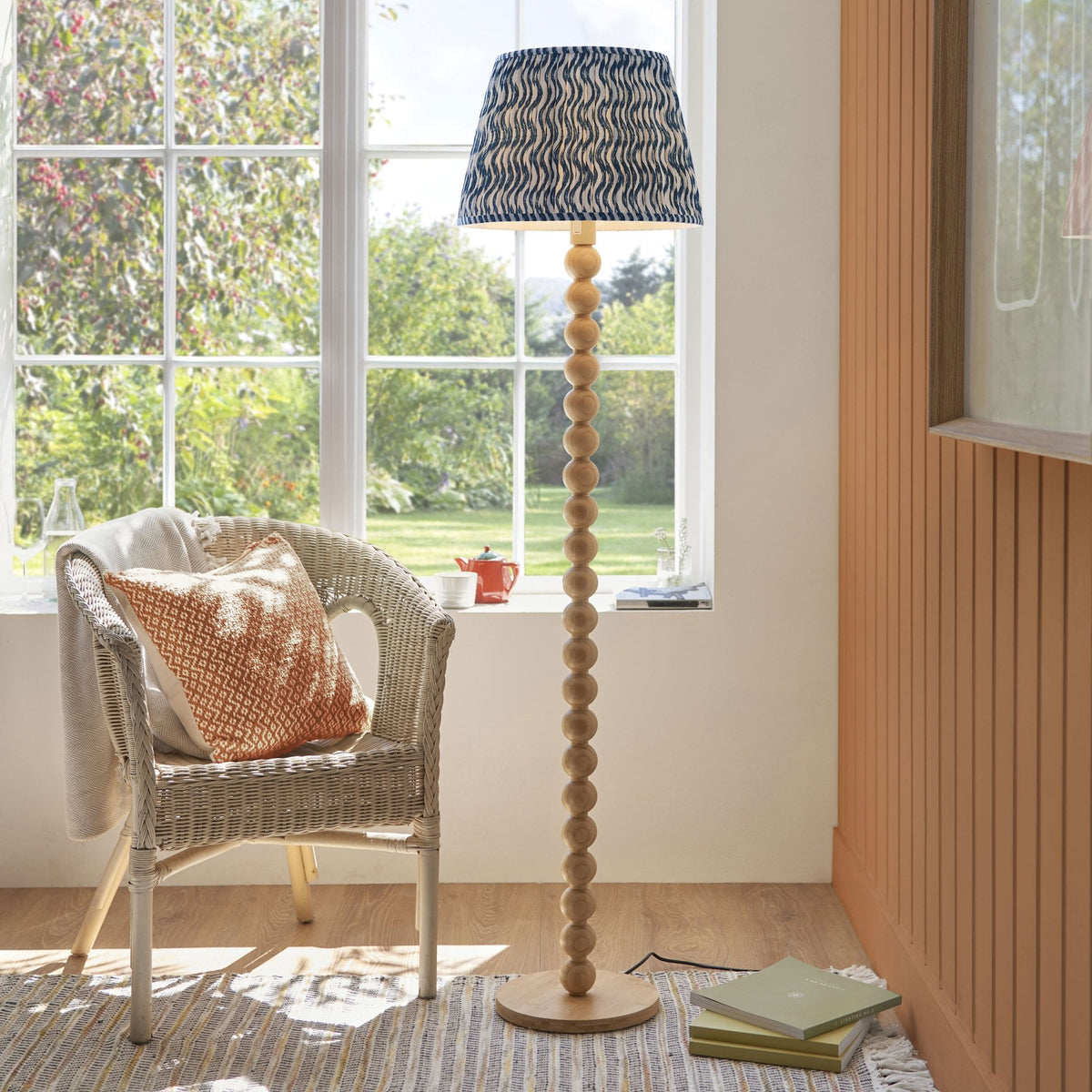 Cane Natural Bamboo Floor Lamp with Ripple 40cm Marlin Blue Shade
