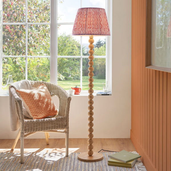 Cane Natural Bamboo Floor Lamp with Ripple 40cm Coral Pink Shade