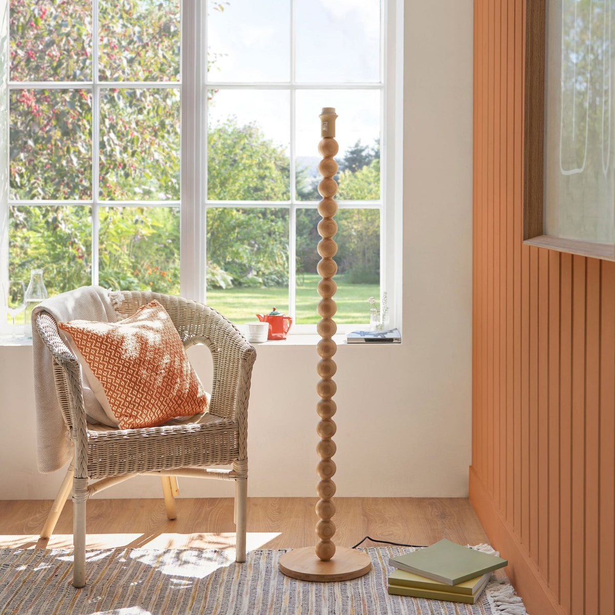 Cane Natural Bamboo Floor Lamp with Ripple 40cm Coral Pink Shade
