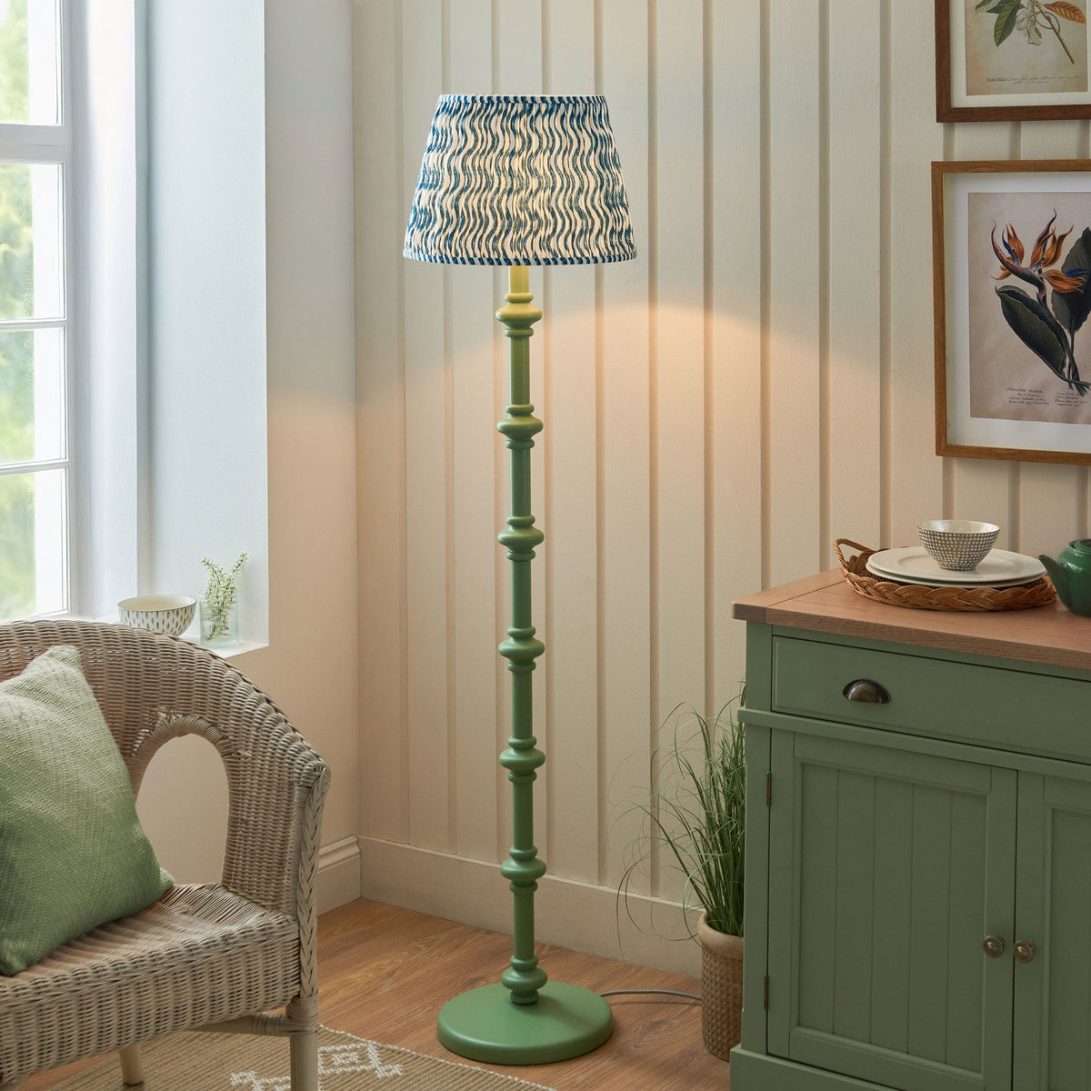 Carnaby Floor Lamp in Cotswold Green with Ripple 40cm Marlin Blue Shade