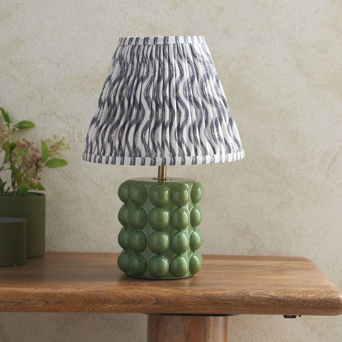 Bobble Ceramic Table Lamp in Olive Green with Ripple 25cm Pearl Grey Shade