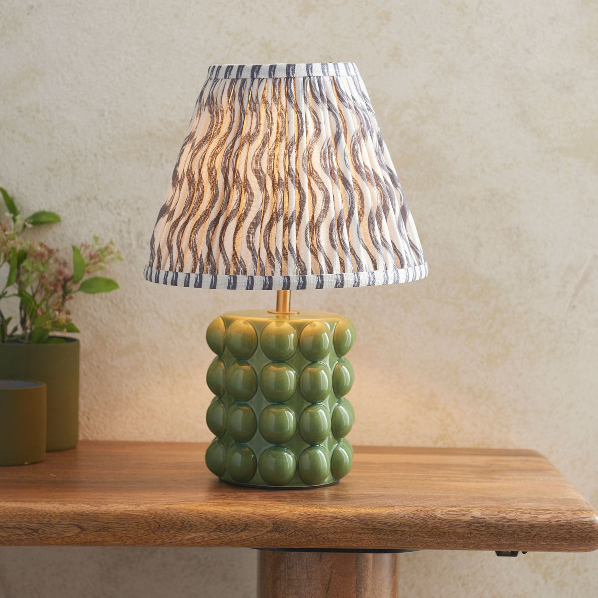 Bobble Ceramic Table Lamp in Olive Green with Ripple 25cm Pearl Grey Shade