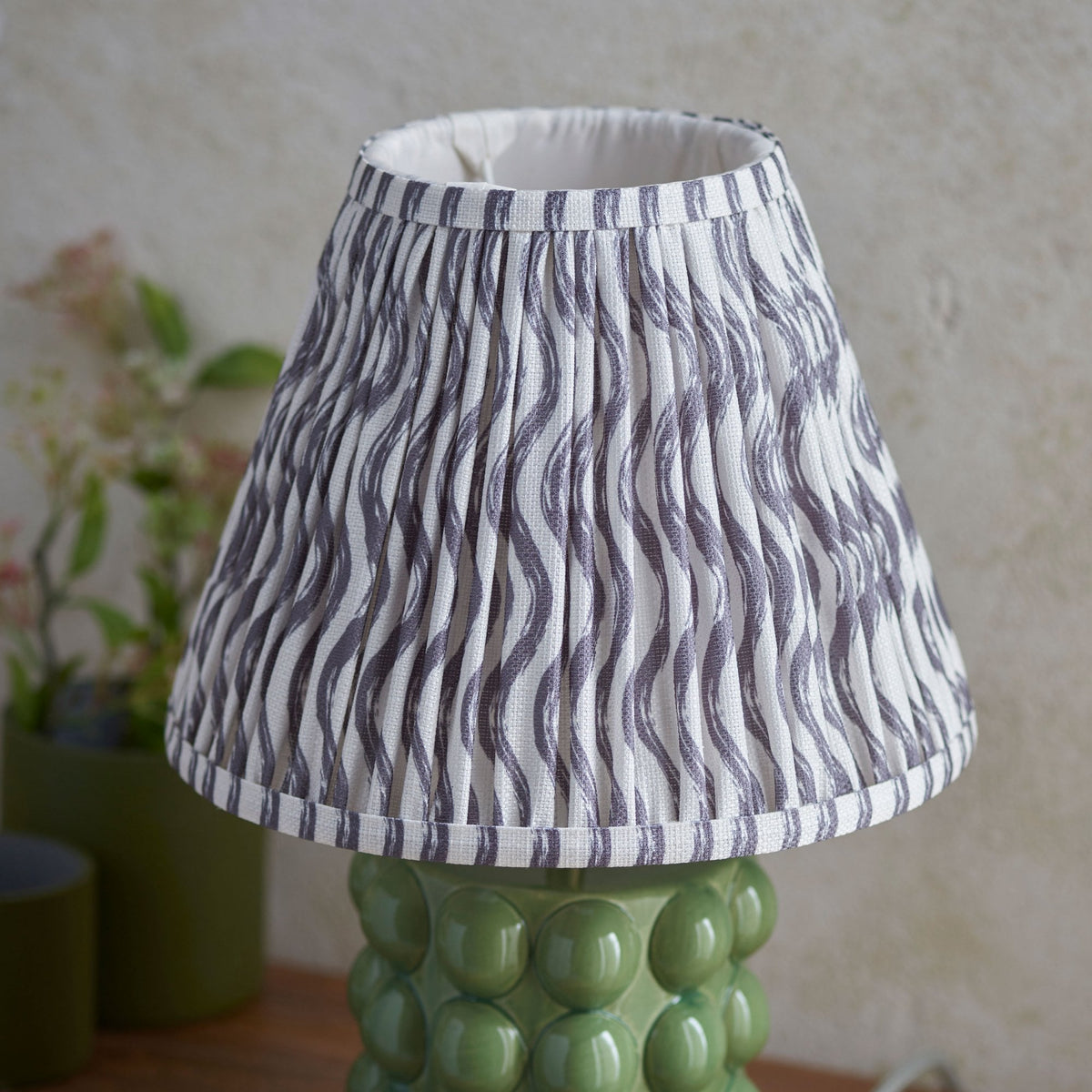 Bobble Ceramic Table Lamp in Olive Green with Ripple 25cm Pearl Grey Shade