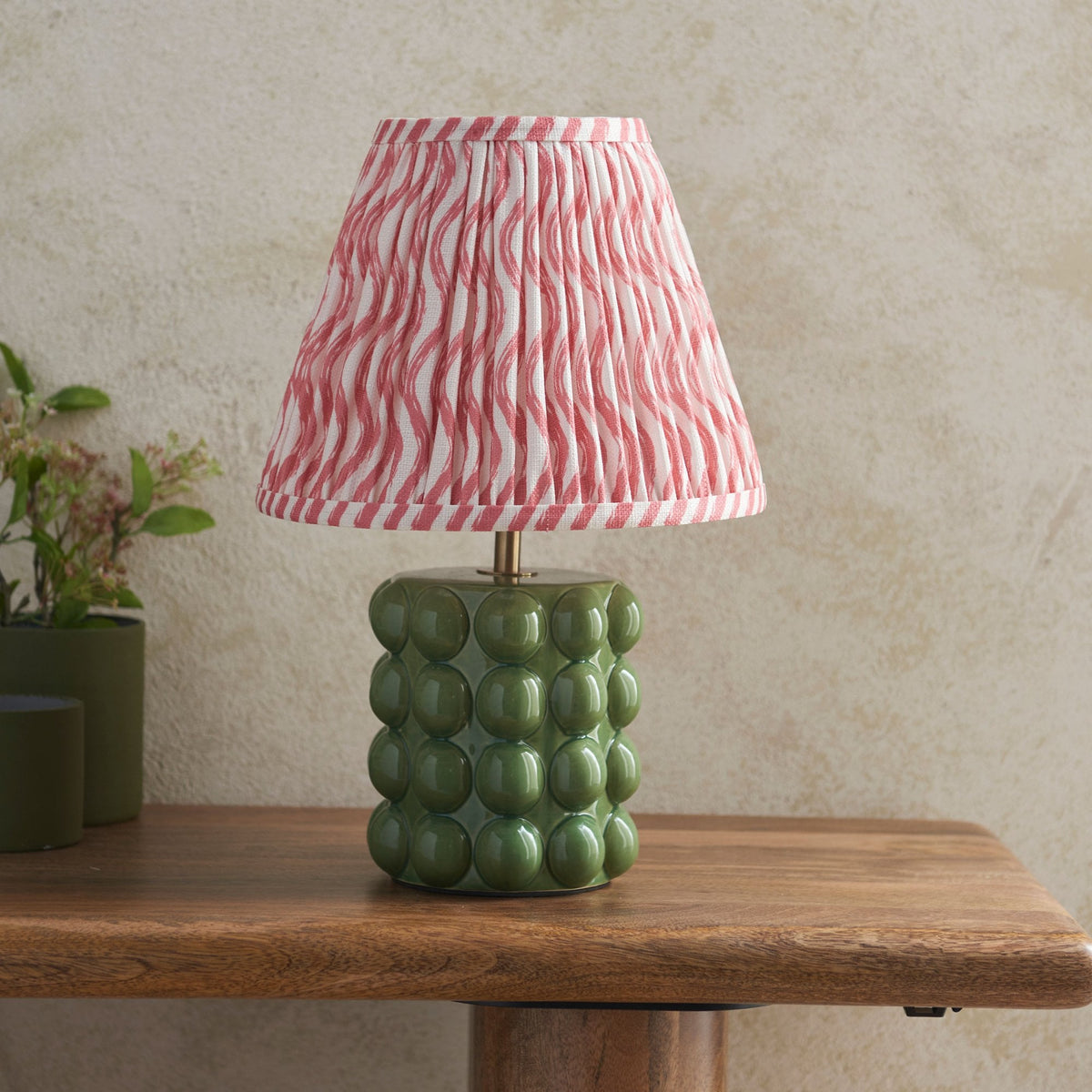 Bobble Ceramic Table Lamp in Olive Green with Ripple 25cm Coral Pink Shade