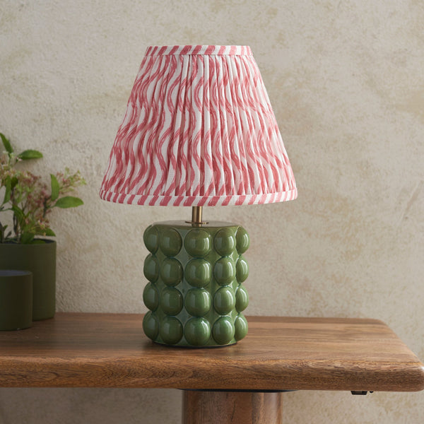 Bobble Ceramic Table Lamp in Olive Green with Ripple 25cm Coral Pink Shade
