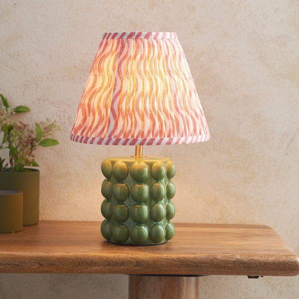 Bobble Ceramic Table Lamp in Olive Green with Ripple 25cm Coral Pink Shade
