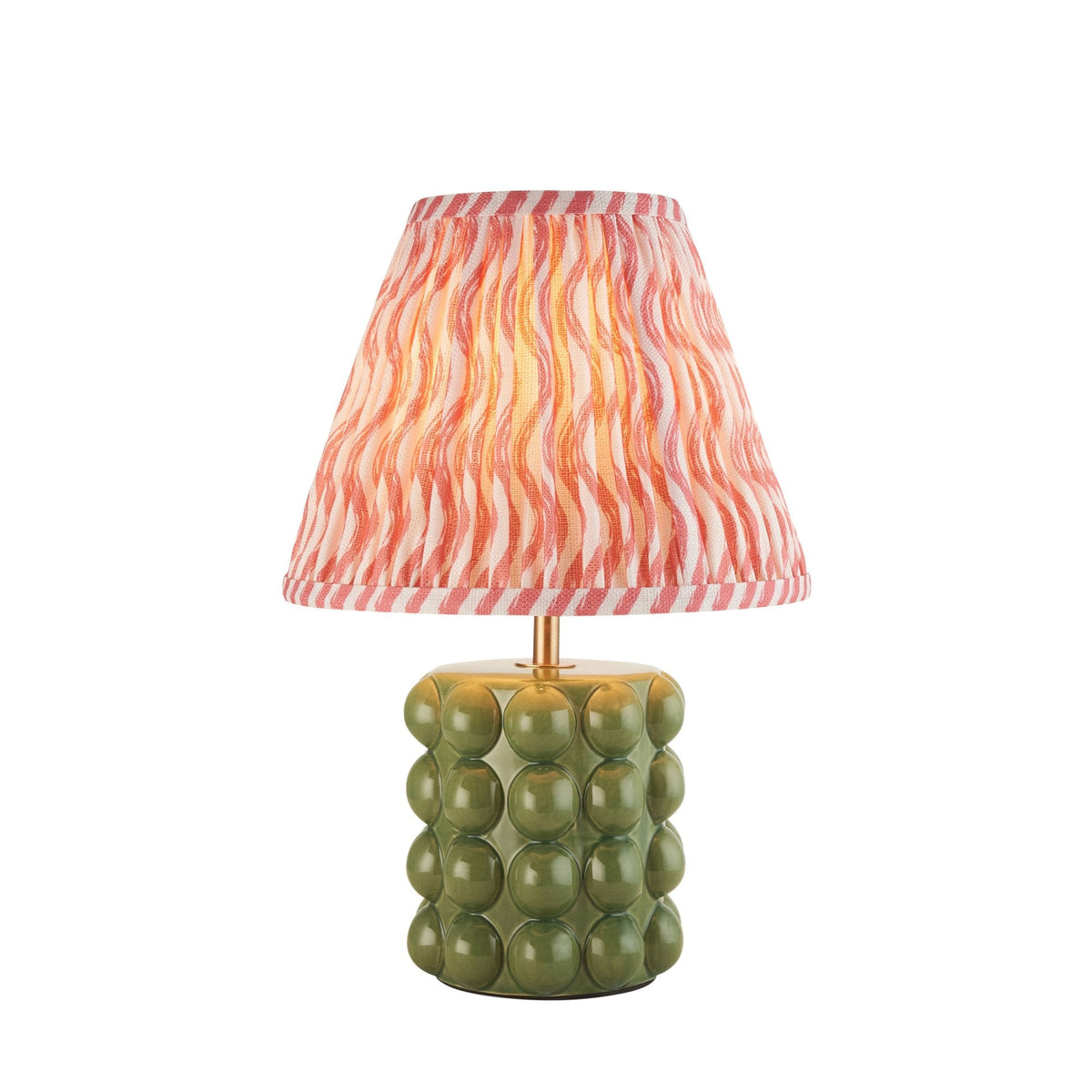 Bobble Ceramic Table Lamp in Olive Green with Ripple 25cm Coral Pink Shade