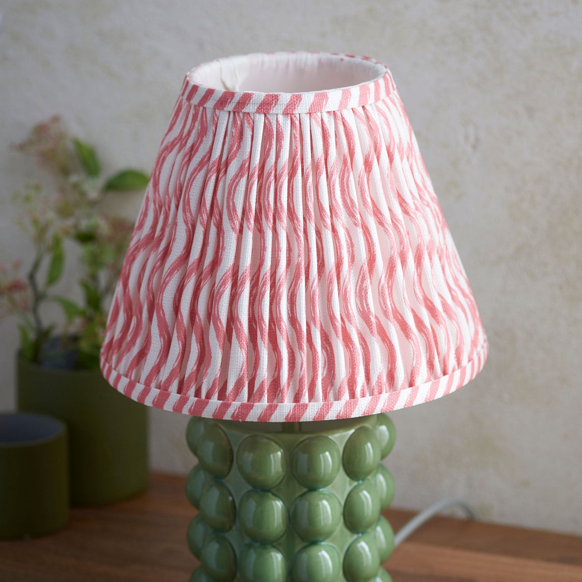 Bobble Ceramic Table Lamp in Olive Green with Ripple 25cm Coral Pink Shade