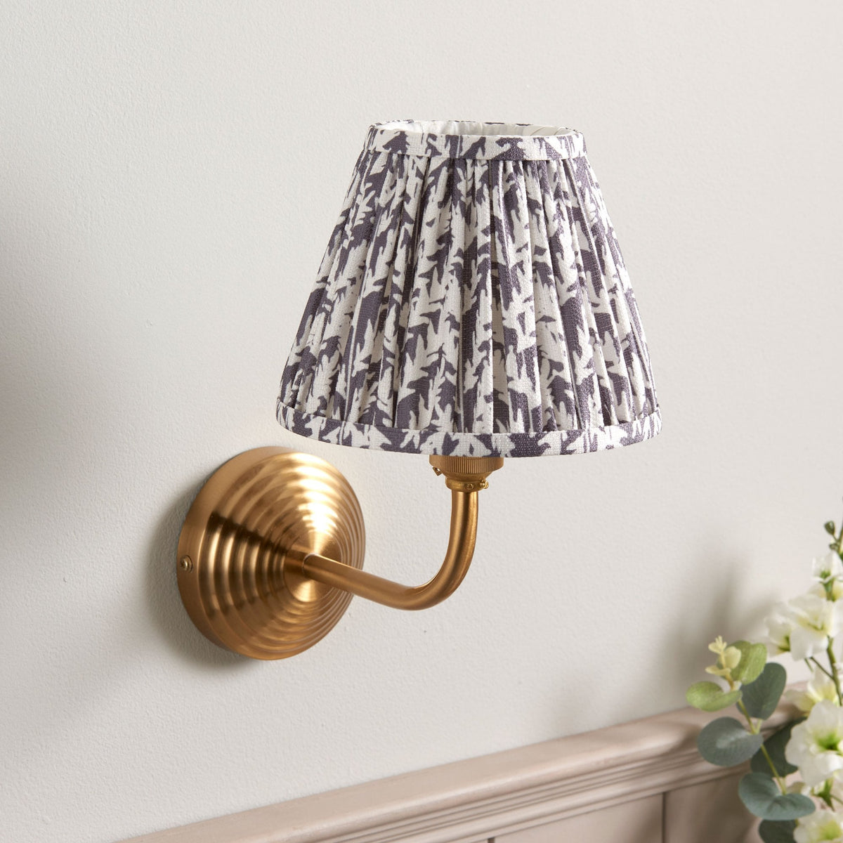 Obelisk Arc Wall Light in Brushed Aged Brass with Leaf 16cm Pearl Grey Shade