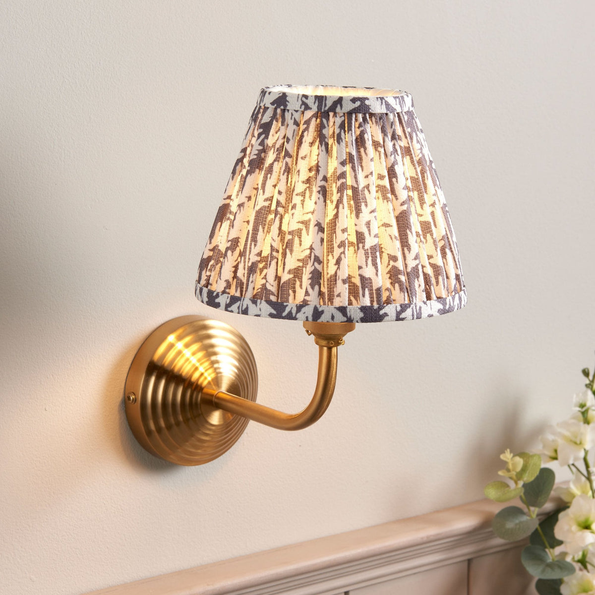 Obelisk Arc Wall Light in Brushed Aged Brass with Leaf 16cm Pearl Grey Shade