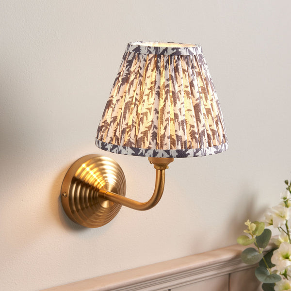 Obelisk Arc Wall Light in Brushed Aged Brass with Leaf 16cm Pearl Grey Shade