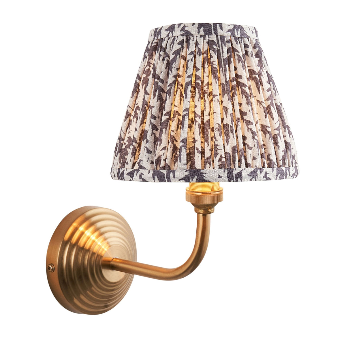 Obelisk Arc Wall Light in Brushed Aged Brass with Leaf 16cm Pearl Grey Shade