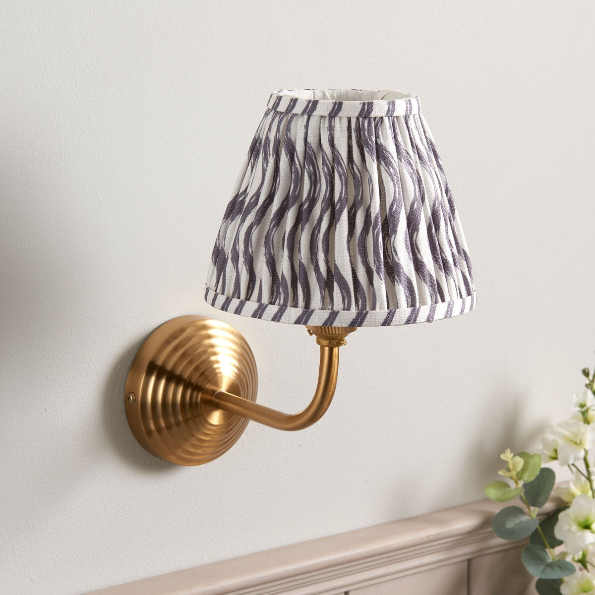 Obelisk Arc Wall Light in Brushed Aged Brass with Ripple 16cm Pearl Grey Shade