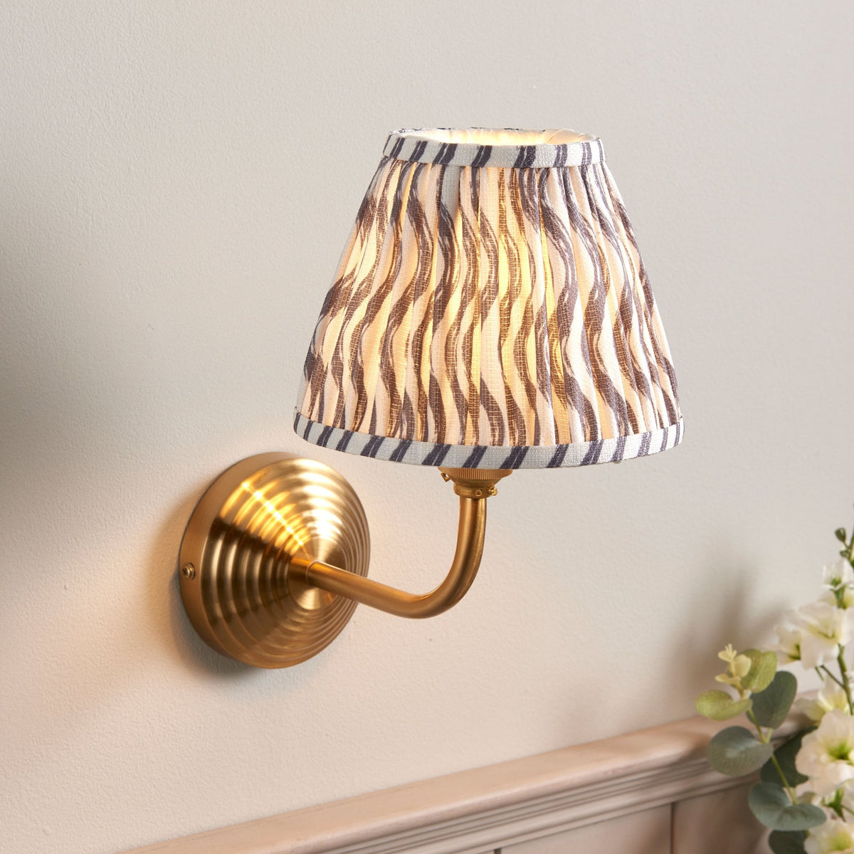 Obelisk Arc Wall Light in Brushed Aged Brass with Ripple 16cm Pearl Grey Shade