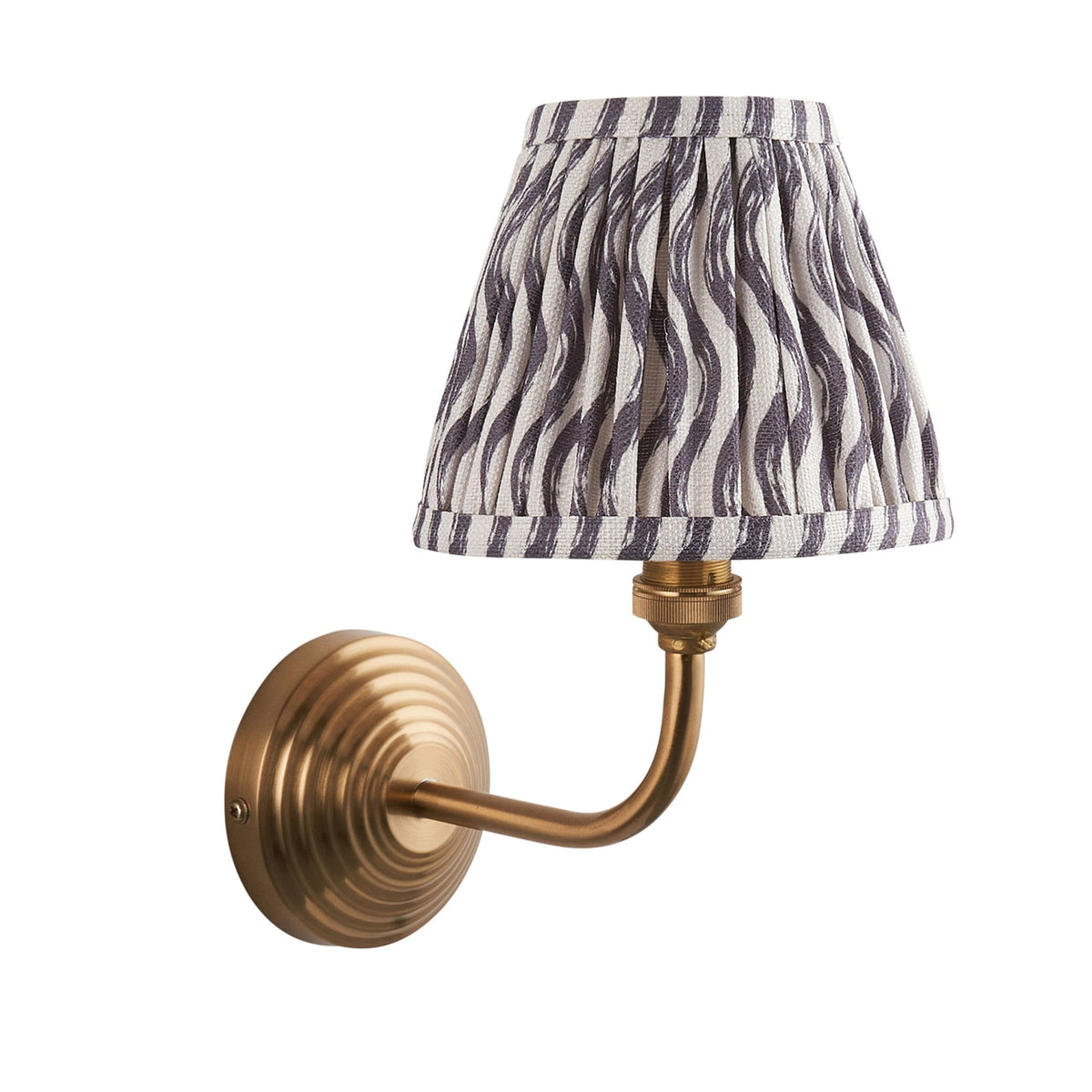 Obelisk Arc Wall Light in Brushed Aged Brass with Ripple 16cm Pearl Grey Shade