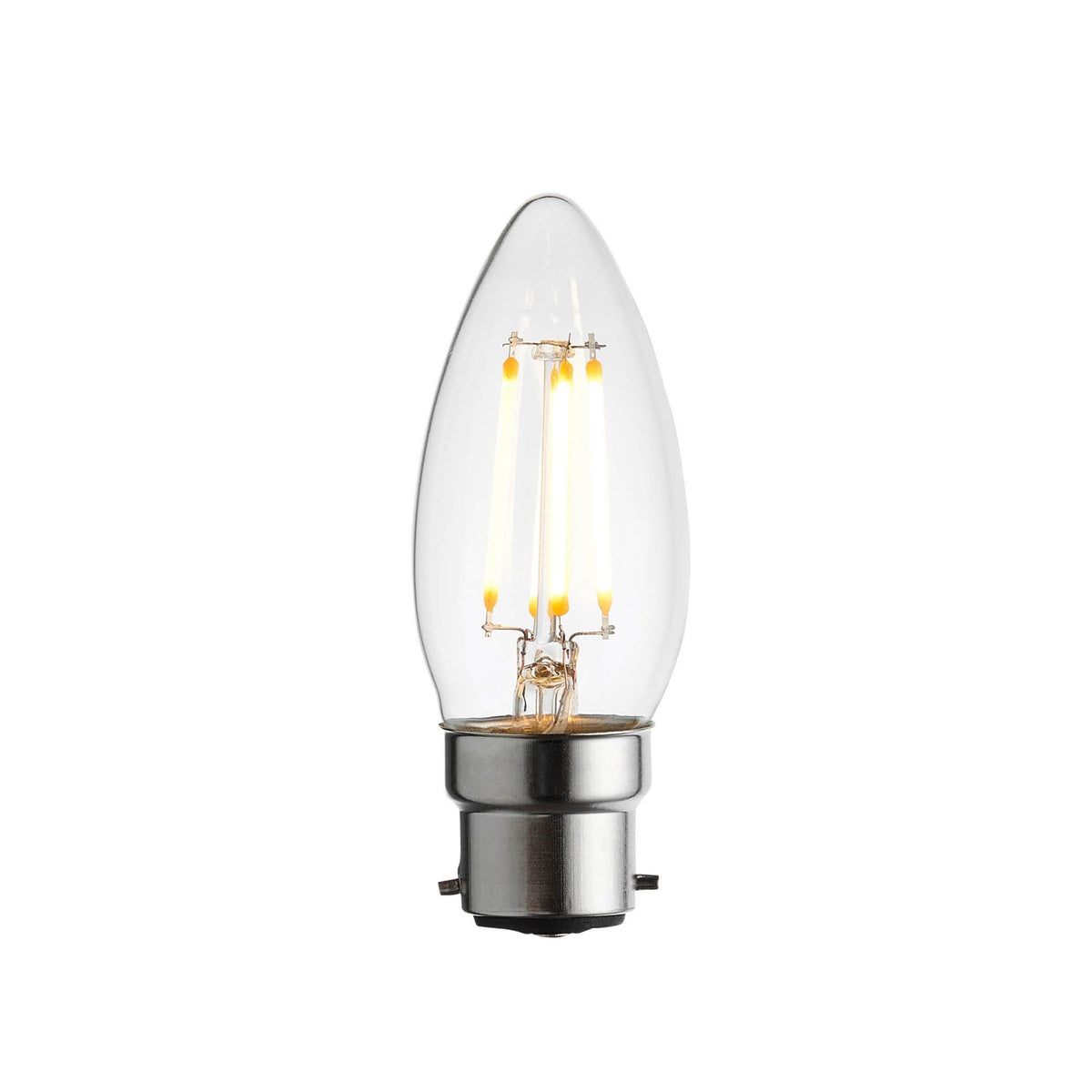 A clear LED filament candle bulb with a silver bayonet fitting on a white background.