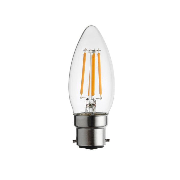 A clear LED filament candle bulb with a silver bayonet fitting on a white background.