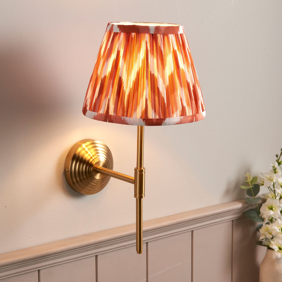 Obelisk T Wall Light in Brushed Aged Brass with Zigzag 20cm Apricot Orange Shade