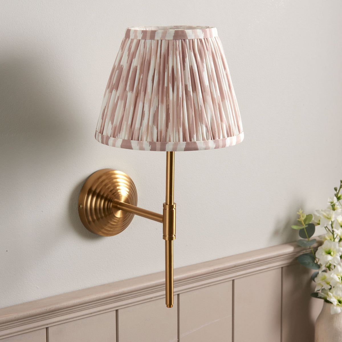 Obelisk T Wall Light in Brushed Aged Brass with Ikat 20cm Natural Shade