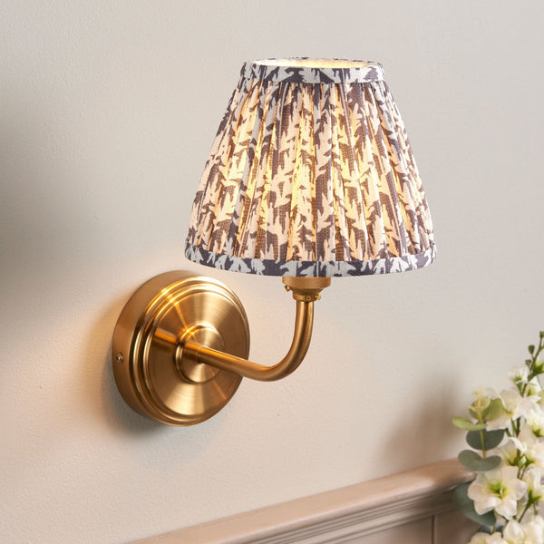 Step Arc Wall Light in Brushed Aged Brass with Leaf 16cm Pearl Grey Shade