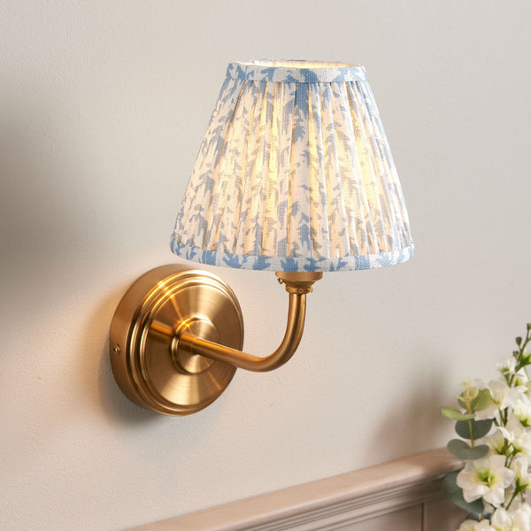 Step Arc Wall Light in Brushed Aged Brass with Leaf 16cm Shell Bay Blue Shade