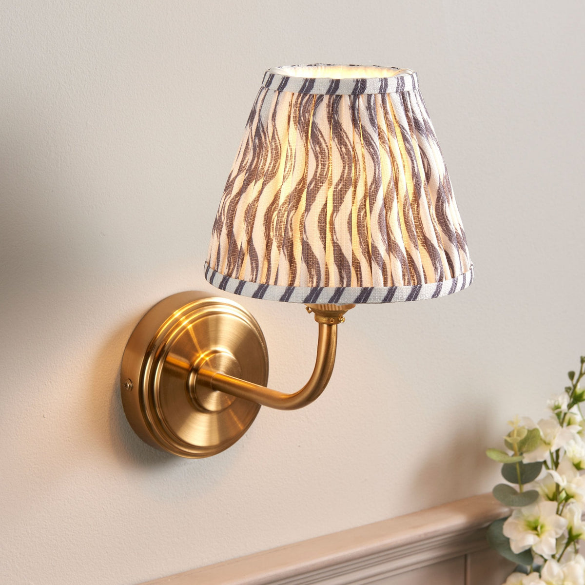 Step Arc Wall Light in Brushed Aged Brass with Ripple 16cm Pearl Grey Shade