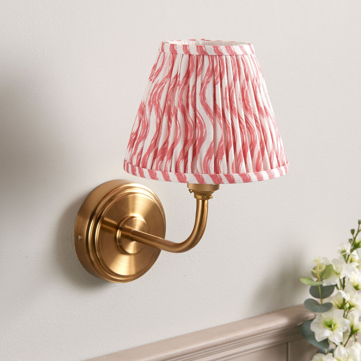 Step Arc Wall Light in Brushed Aged Brass with Ripple 16cm Coral Pink Shade
