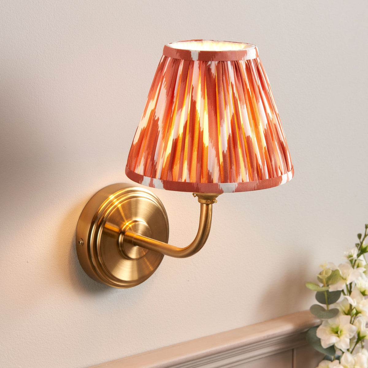 Step Arc Wall Light in Brushed Aged Brass with Zigzag 16cm Apricot Orange Shade