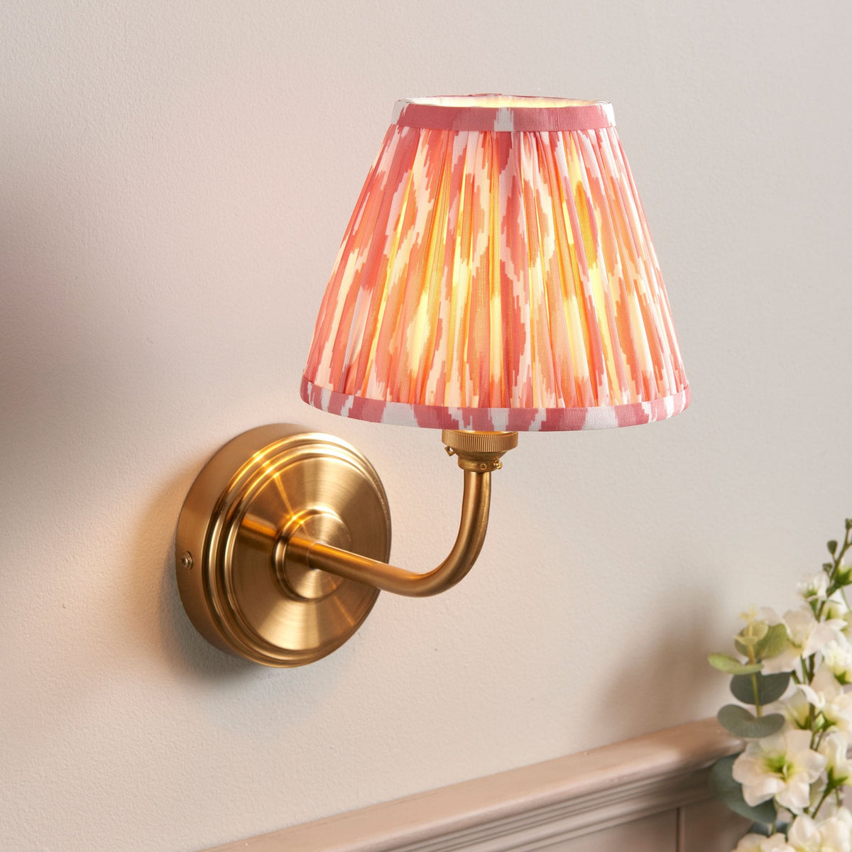 Step Arc Wall Light in Brushed Aged Brass with Ikat 16cm Coral Pink Shade