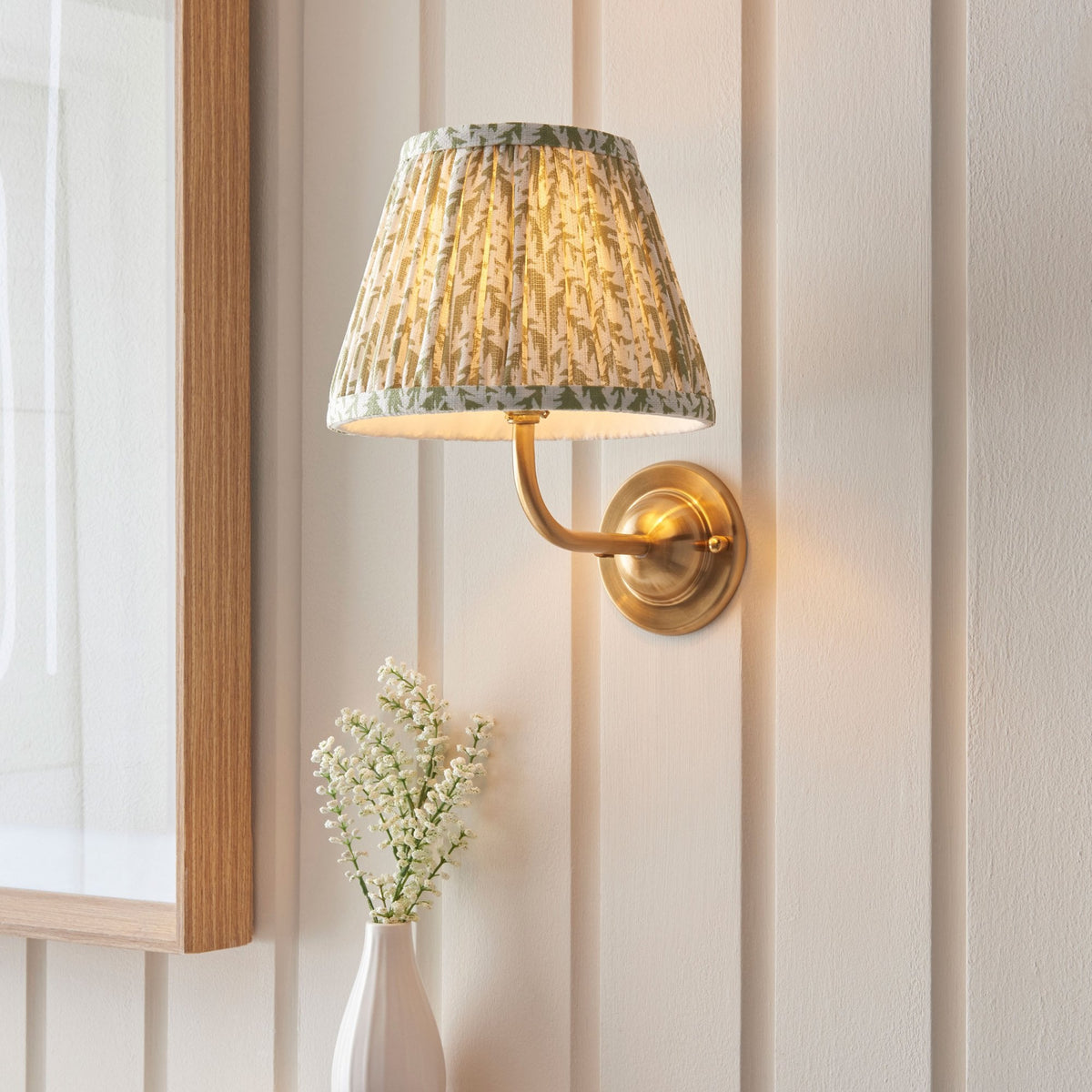 Dome Arc Wall Light in Brushed Aged Brass with Leaf 20cm Herb Green Shade