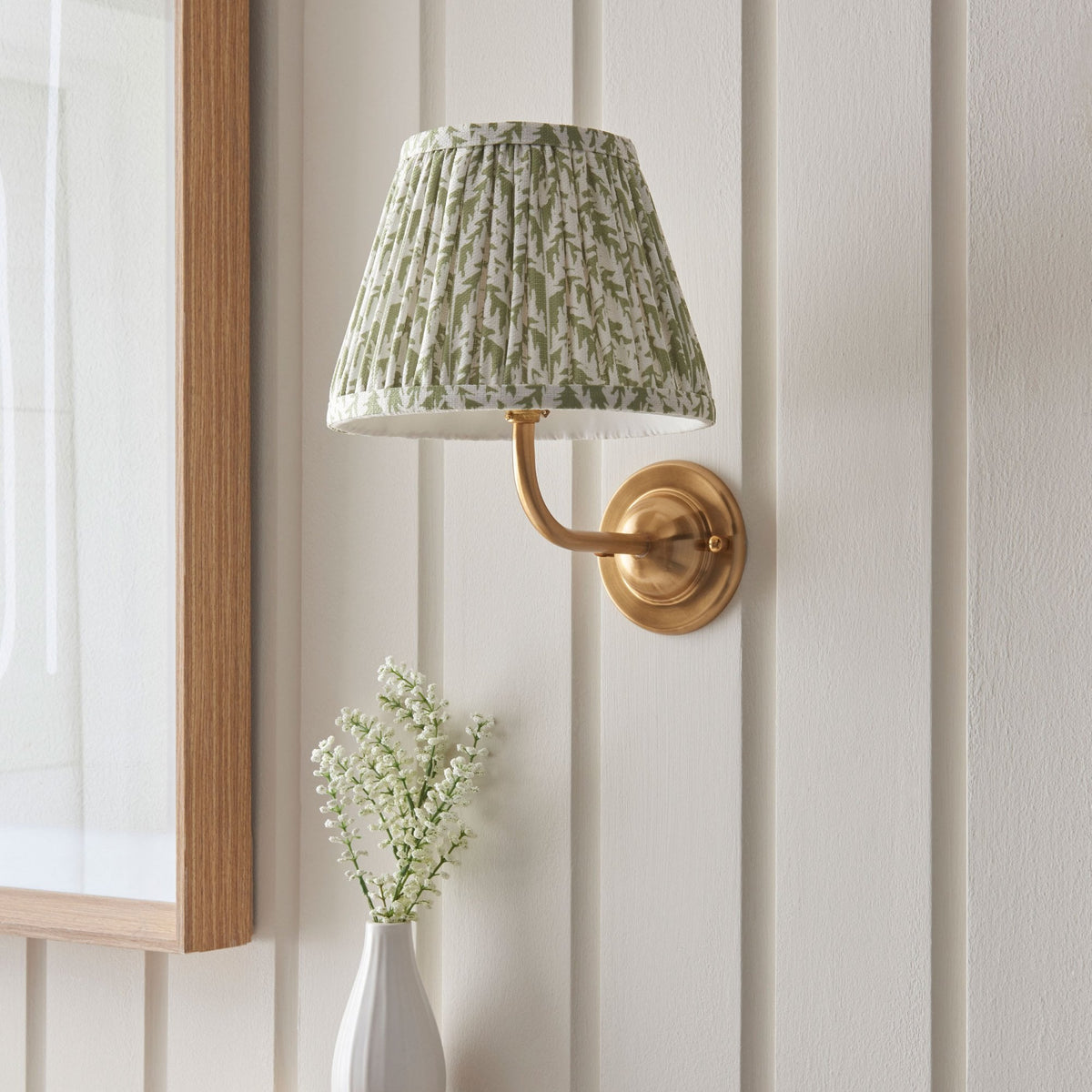Dome Arc Wall Light in Brushed Aged Brass with Leaf 20cm Herb Green Shade