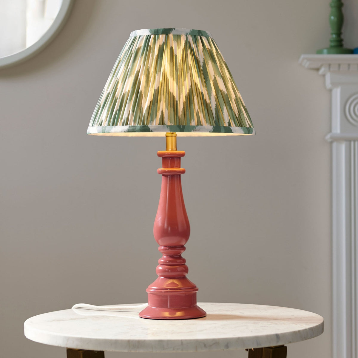 Myrtle Table Lamp in Pink Clay with Zigzag 30cm Cotswold Green Shade