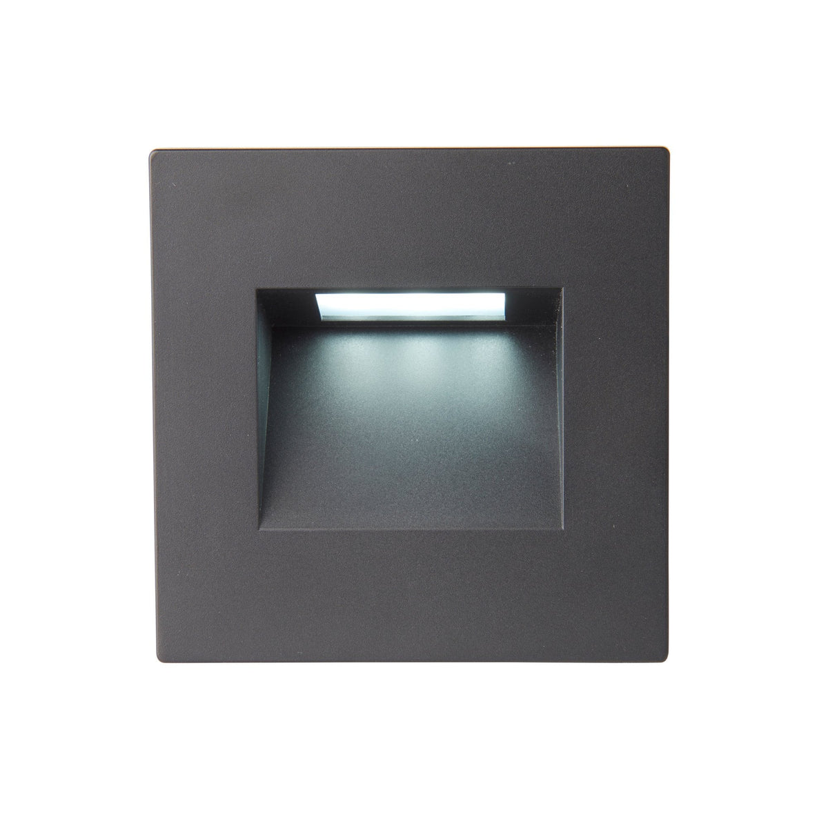 A black square recessed wall light with cool light.