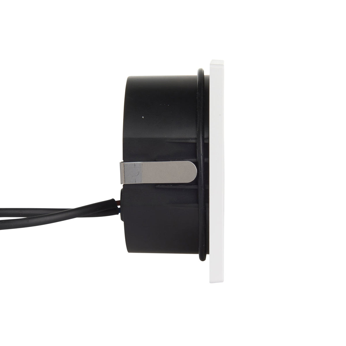 Side profile of the recessed wall light with wires attached.