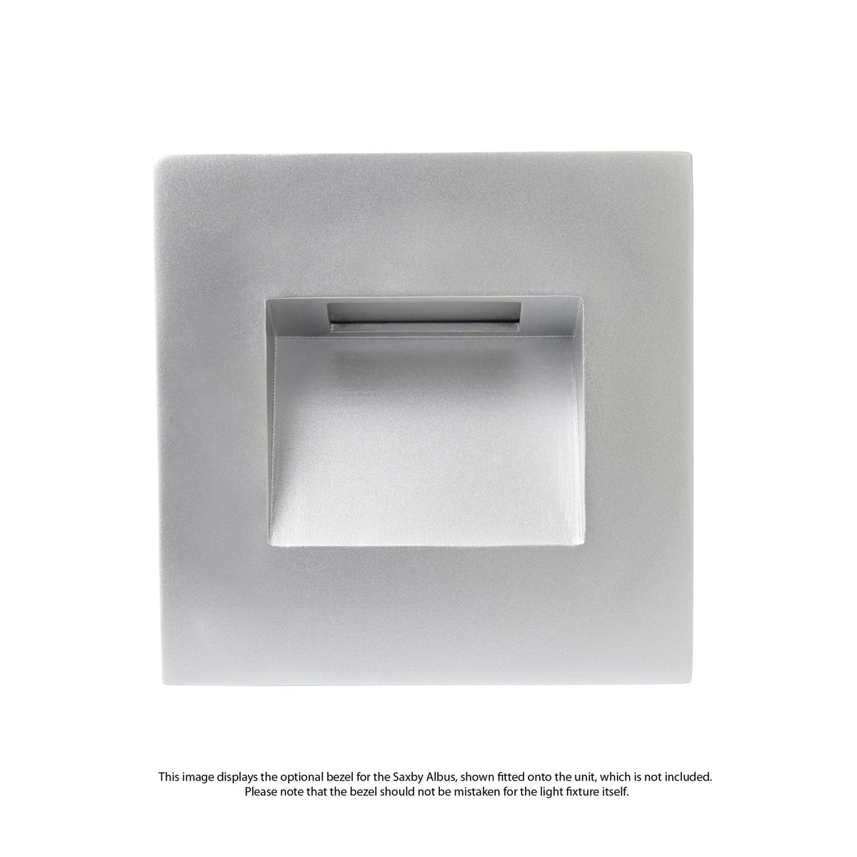 A square, silver-coloured recessed wall light with an unlit, horizontal rectangular opening.