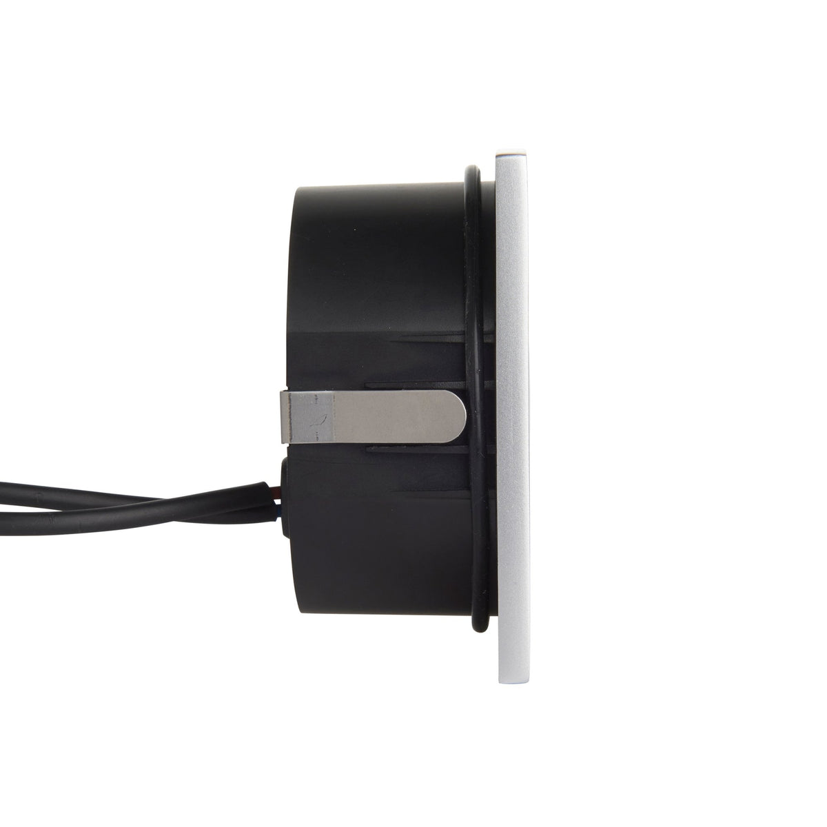 A side view of the recessed wall light showing the black housing and wires.
