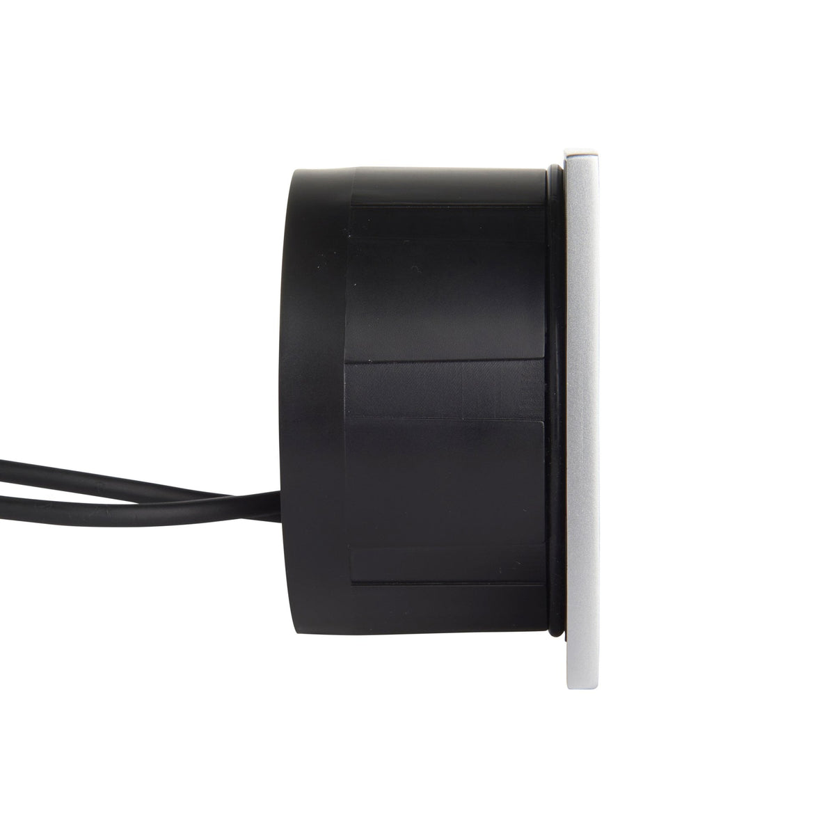 A side profile of the recessed wall light showing its black cylindrical housing and wires.