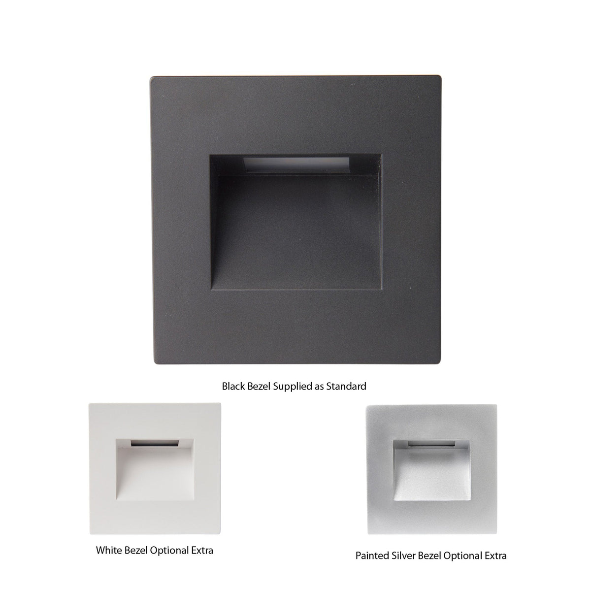 A black recessed wall light with optional white and silver bezels.
